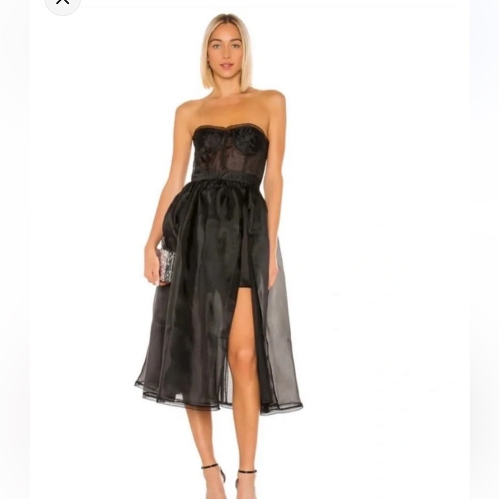 New NBD Revolve Size M Black Boned Bodice Sheer Strapless Midi Dress Prom